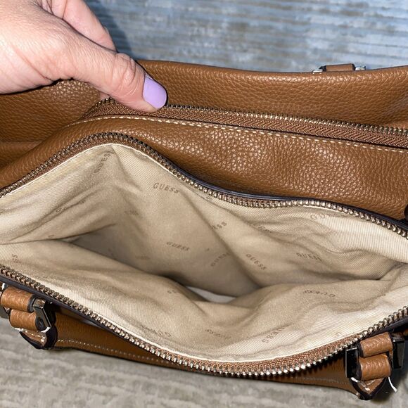 GUESS Raffie Carryall Purse Shoulder Strap Zip Pockets Brown Tan Camel Tote Bag - Picture 10 of 10